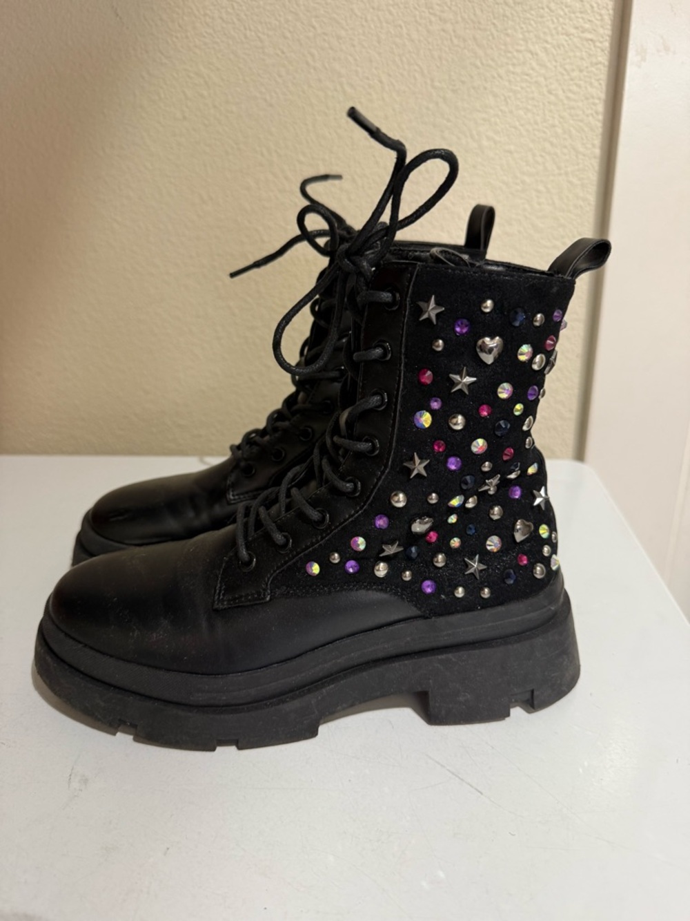 Steve Madden Black Combat Boots with Multicolor Studs